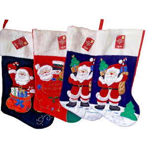 Embroidered Christmas Stockings 18" Velvet Lot of 4 Santa Frosty Rudolph Holiday